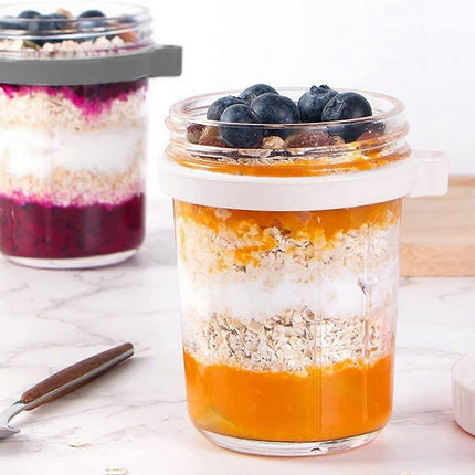 1pc 350ml Glass Oats Container with Lid & Spoon Salad Jar Cup White.