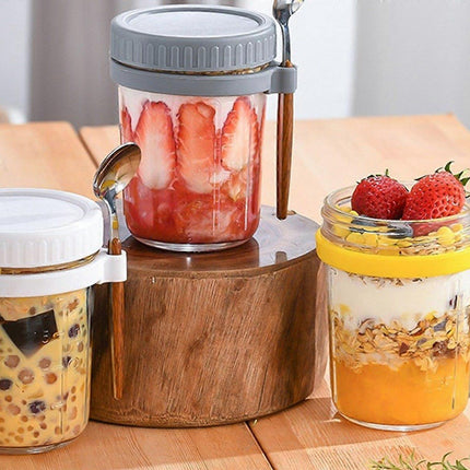 1pc 350ml Glass Oats Container with Lid & Spoon Salad Jar Cup White.