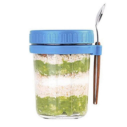 1pc 350ml Glass Oats Container with Lid & Spoon Salad Jar Cup Blue.