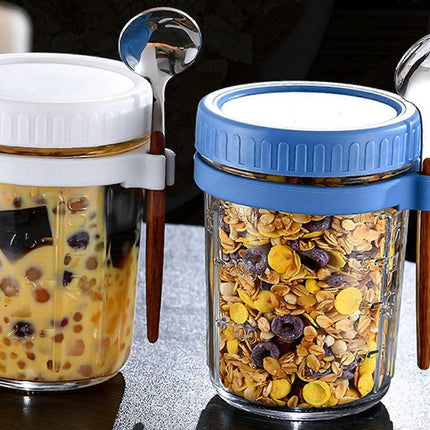 1pc 350ml Glass Oats Container with Lid & Spoon Salad Jar Cup Blue.