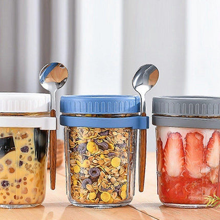 1pc 350ml Glass Oats Container with Lid & Spoon Salad Jar Cup Blue.