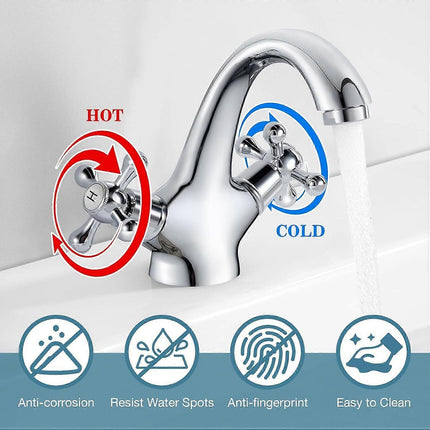 pcs Retro Basin Faucet, Double Handle Basin Mixer Tap, Bathroom Sink Faucet, Lavatory Faucet with Hot and Cold Water Available, Chrome.