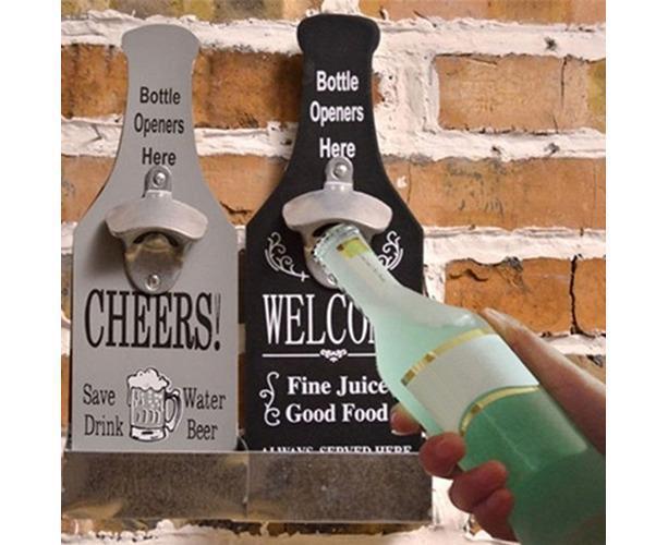 1Pc Retro Creative Wall Mounted Beer Style Decorative Hanger Bottle Opener-Grey.
