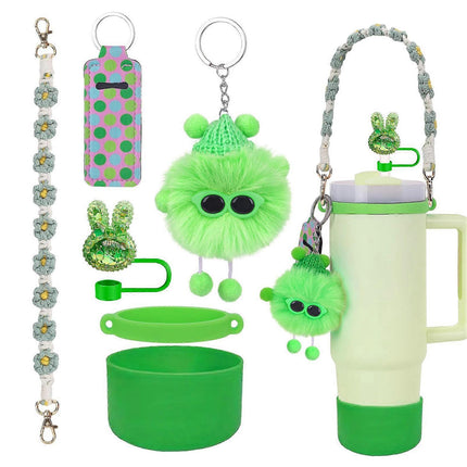 6pcs Cute Accessories Set for 20/30/40oz Tumbler Stanley Cup, Water Bottle Handle Strap, Siliocne Straw Cover and Plush Charms for Girls.