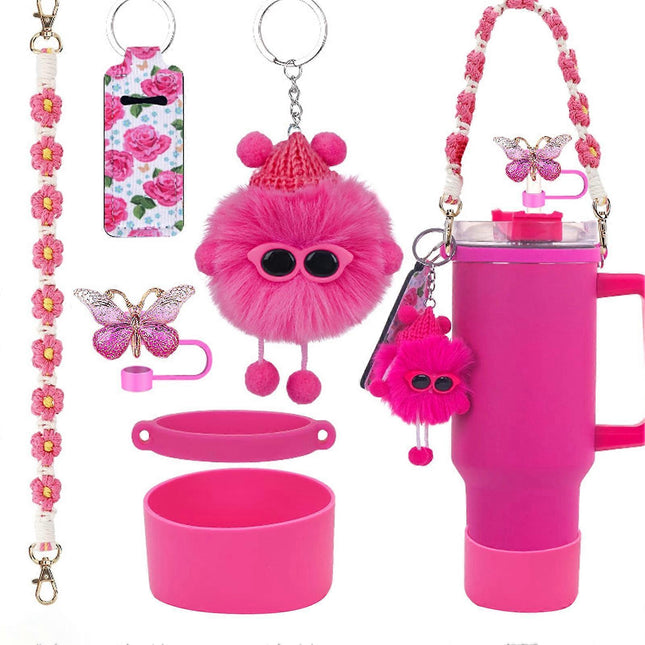 6pcs Cute Accessories Set for 20/30/40oz Tumbler Stanley Cup, Water Bottle Handle Strap, Siliocne Straw Cover and Plush Charms for Girls.