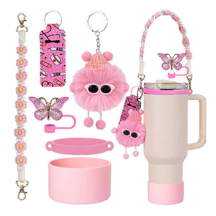 6pcs Cute Accessories Set for 20/30/40oz Tumbler Stanley Cup, Water Bottle Handle Strap, Siliocne Straw Cover and Plush Charms for Girls.