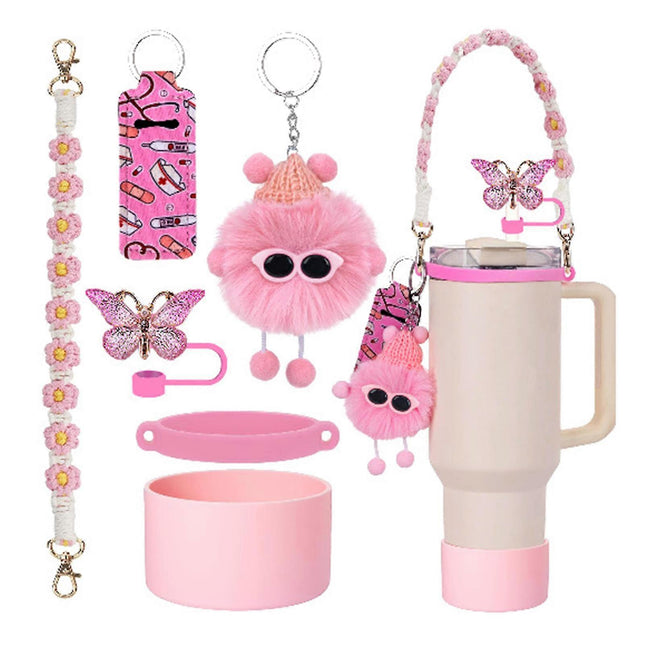 6pcs Cute Accessories Set for 20/30/40oz Tumbler Stanley Cup, Water Bottle Handle Strap, Siliocne Straw Cover and Plush Charms for Girls.