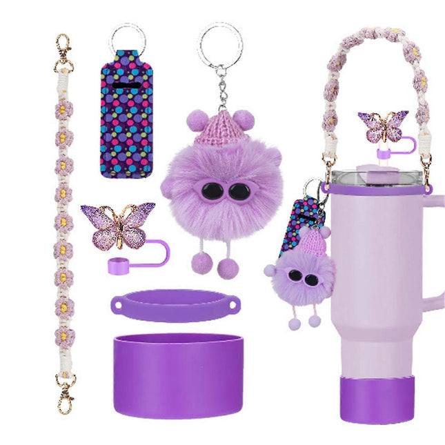 6pcs Cute Accessories Set for 20/30/40oz Tumbler Stanley Cup, Water Bottle Handle Strap, Siliocne Straw Cover and Plush Charms for Girls.