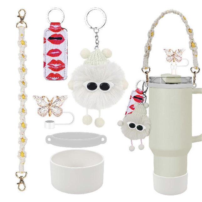 6pcs Cute Accessories Set for 20/30/40oz Tumbler Stanley Cup, Water Bottle Handle Strap, Siliocne Straw Cover and Plush Charms for Girls.
