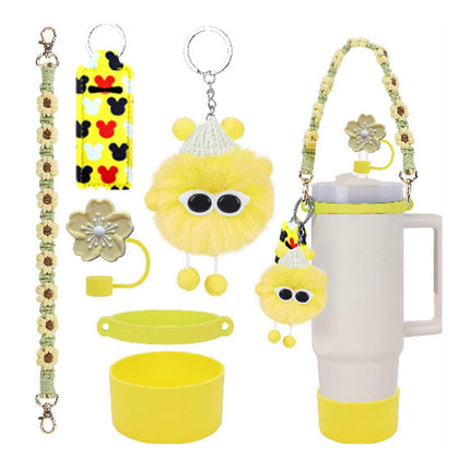 6pcs Cute Accessories Set for 20/30/40oz Tumbler Stanley Cup, Water Bottle Handle Strap, Siliocne Straw Cover and Plush Charms for Girls.