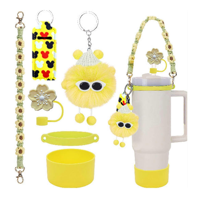 6pcs Cute Accessories Set for 20/30/40oz Tumbler Stanley Cup, Water Bottle Handle Strap, Siliocne Straw Cover and Plush Charms for Girls.
