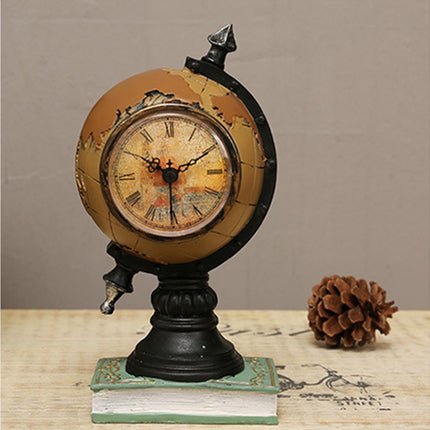 Desk Clock Multi-functional Save Change Personality Retro Resin Globe Shape Piggy Bank Ornament for Bedroom - Brown.