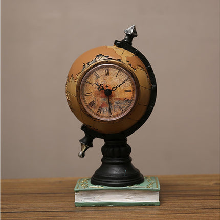 Desk Clock Multi-functional Save Change Personality Retro Resin Globe Shape Piggy Bank Ornament for Bedroom - Brown.