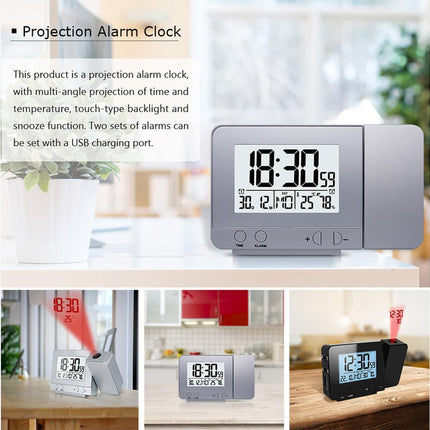 Desk Snooze LED Digital Backlight Date Function USB Charge Alarm Clock Projector-Silver - Silver.