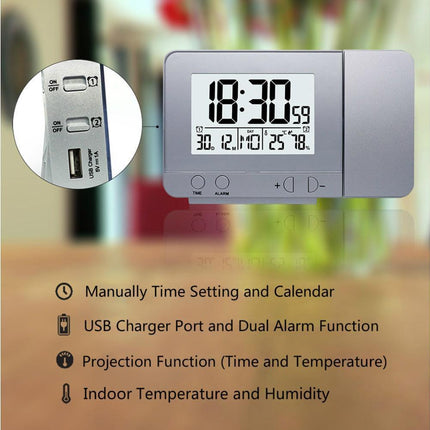Desk Snooze LED Digital Backlight Date Function USB Charge Alarm Clock Projector-Silver - Silver.