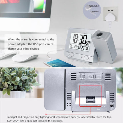 Desk Snooze LED Digital Backlight Date Function USB Charge Alarm Clock Projector-Silver - Silver.