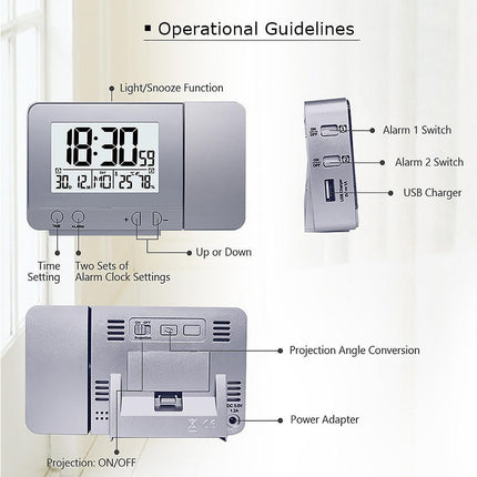 Desk Snooze LED Digital Backlight Date Function USB Charge Alarm Clock Projector-Silver - Silver.