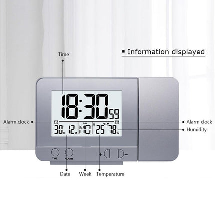 Desk Snooze LED Digital Backlight Date Function USB Charge Alarm Clock Projector-Silver - Silver.