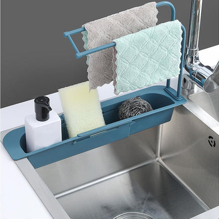 Home Kitchen Telescopic Sink Storage Tray Rack Holder Expandable Drain Basket-Blue.