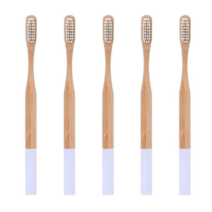 5Pcs Round Bamboo Handle Home Travel Adult Soft Bristles Dental Care Toothbrush-White.