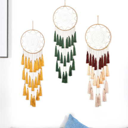 Round Handmade Wall Hanging Wind Chime Dream Catcher with Tassel Home Decor-Green Coffee*.