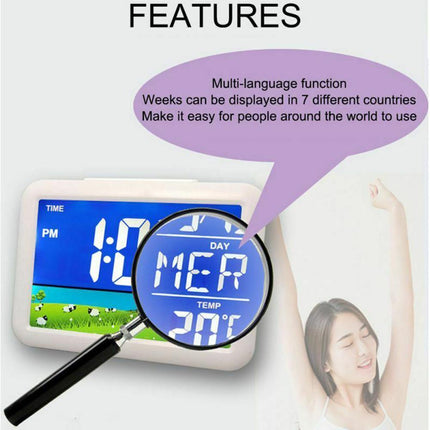 LCD Big Color Screen Home Office Temperature Display Monitor Digital Alarm Clock - Grassland Pattern.