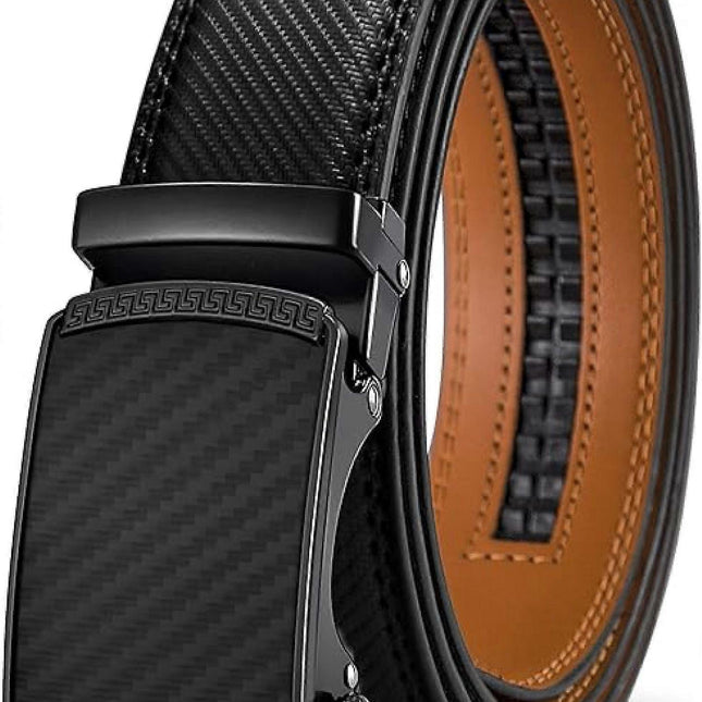 Men's 130cm Leather Ratchet Belt, Adjustable Slide Buckle.