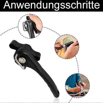 Manual Stainless Steel Can Opener, No Sharp Edges, Black, Restaurant & Kitchen Use.