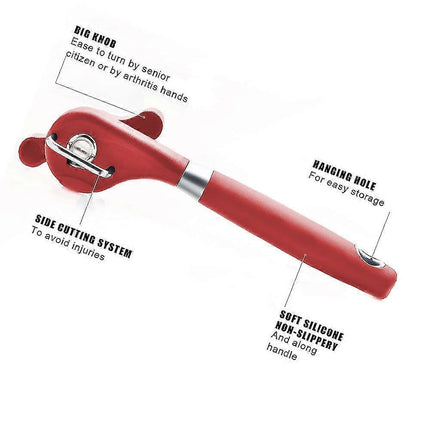 Manual Stainless Steel Can Opener, Smooth Edge, Red Handle.