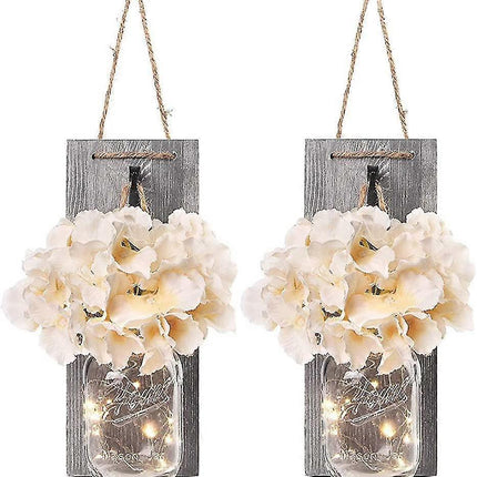 Rustic Mason Jar LED String Lights with Silk Hydrangea, Set of 2.