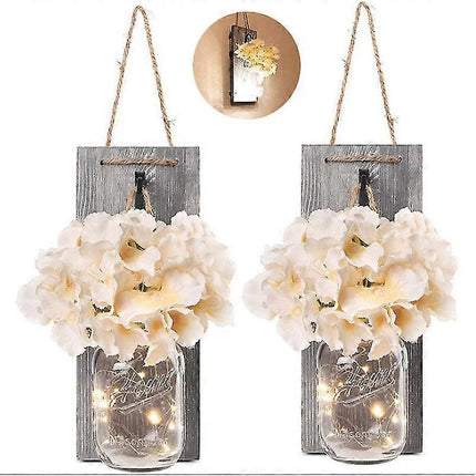 Rustic Mason Jar LED String Lights with Silk Hydrangea, Set of 2.