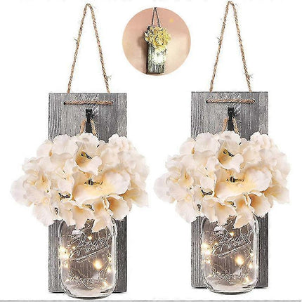 Rustic Mason Jar LED String Lights with Silk Hydrangea, Set of 2.