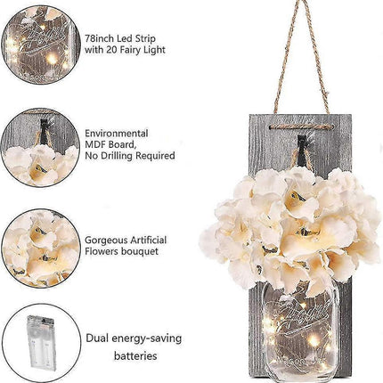 Rustic Mason Jar LED String Lights with Silk Hydrangea, Set of 2.