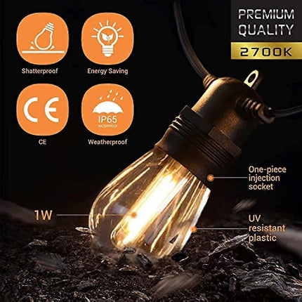 15M Outdoor Patio LED String Lights, IP65, S14 Bulbs, Expandable.