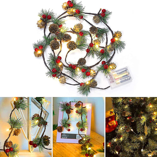 3M 30 LED Pinecone String Lights, Battery Powered, Xmas Red Berries Decor (2 Pack).