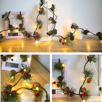 3M 30 LED Pinecone String Lights, Battery Powered, Xmas Red Berries Decor (2 Pack).