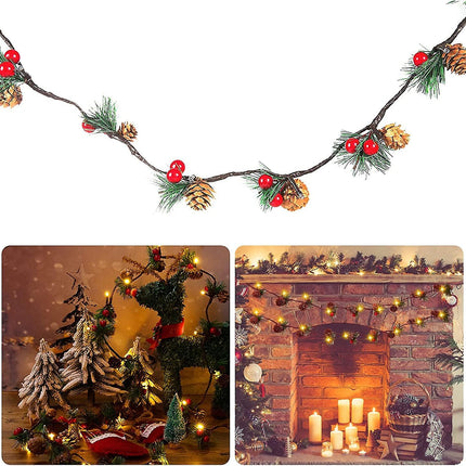 3M 30 LED Pinecone String Lights, Battery Powered, Xmas Red Berries Decor (2 Pack).