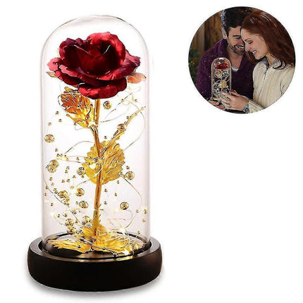 Silk Rose Gold Foil Leaf LED String Lights on Glass Dome with Wooden Base.