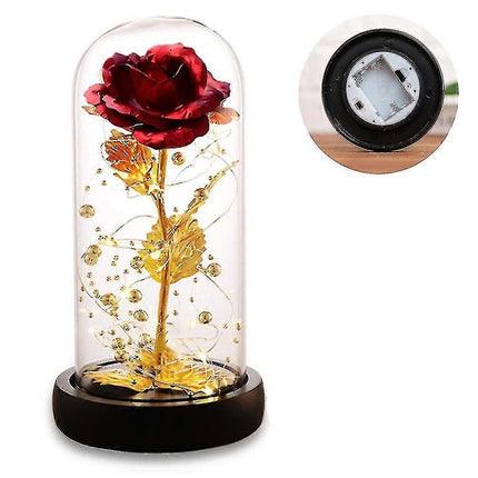 Silk Rose Gold Foil Leaf LED String Lights on Glass Dome with Wooden Base.