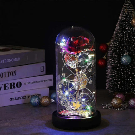 Silk Rose Gold Foil Leaf LED String Lights on Glass Dome with Wooden Base.