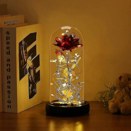 Silk Rose Gold Foil Leaf LED String Lights on Glass Dome with Wooden Base.