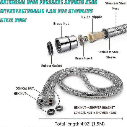 Water Saving Shower Head with 1.5m Hose, Bathroom Handheld.