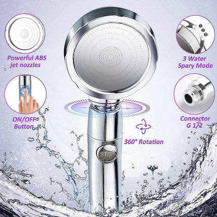 Handheld Pressure Shower Head, 3 Jet Functions, Water Saving Set.