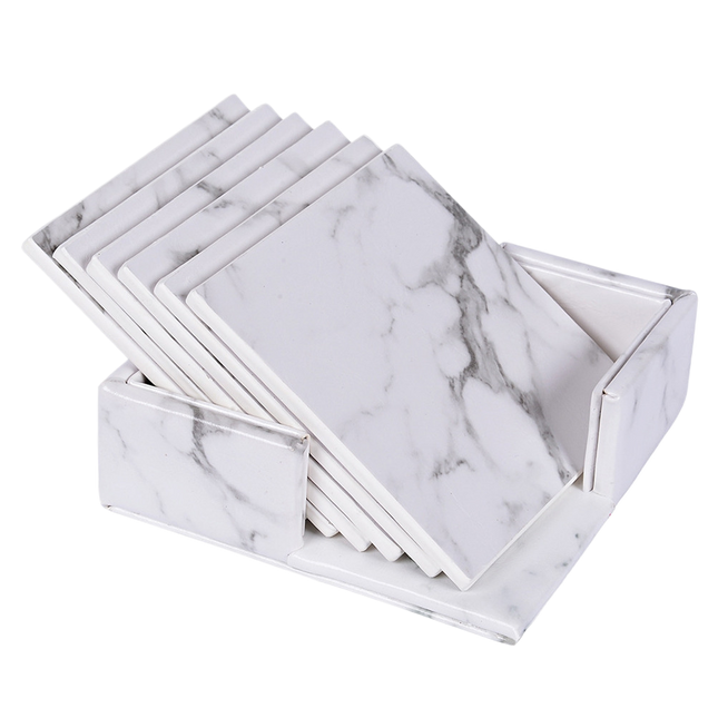 6Pcs Faux Leather Marble Coasters Cup Mat Pad Holder Placemat Dining Table Decor- G.