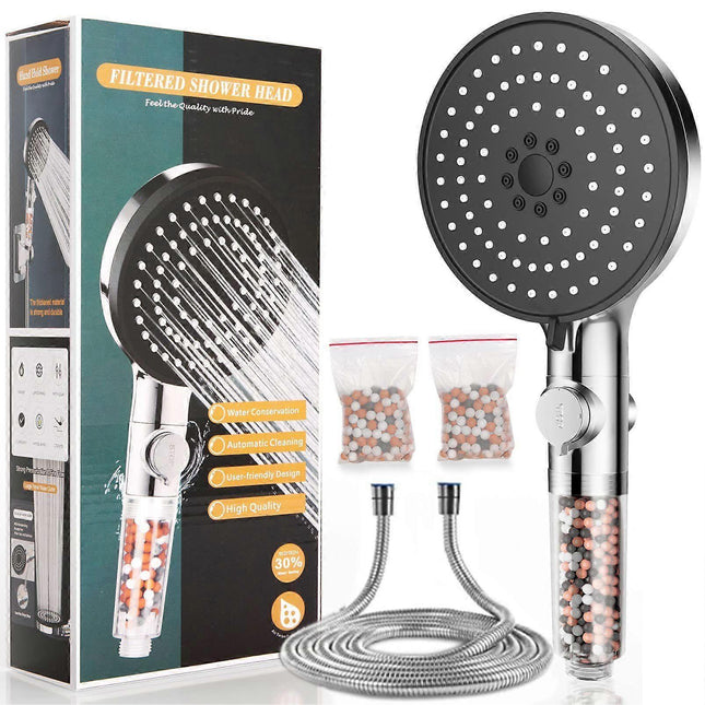 High Pressure Shower Head with Filter & 1.5M Hose, 6 Jet Types.