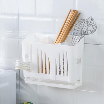 Home Chopsticks Cage Wall-mounted Drain Storage Rack Fork Knife Spoon Holder-Beige.