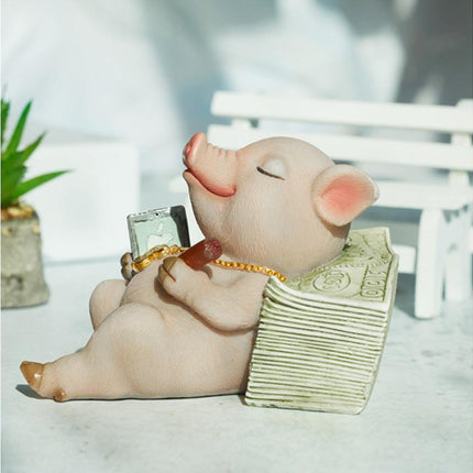 Lovely Moving Brick Reading Book Pig Ornament Home Desktop Decor Resin Craft-5#.