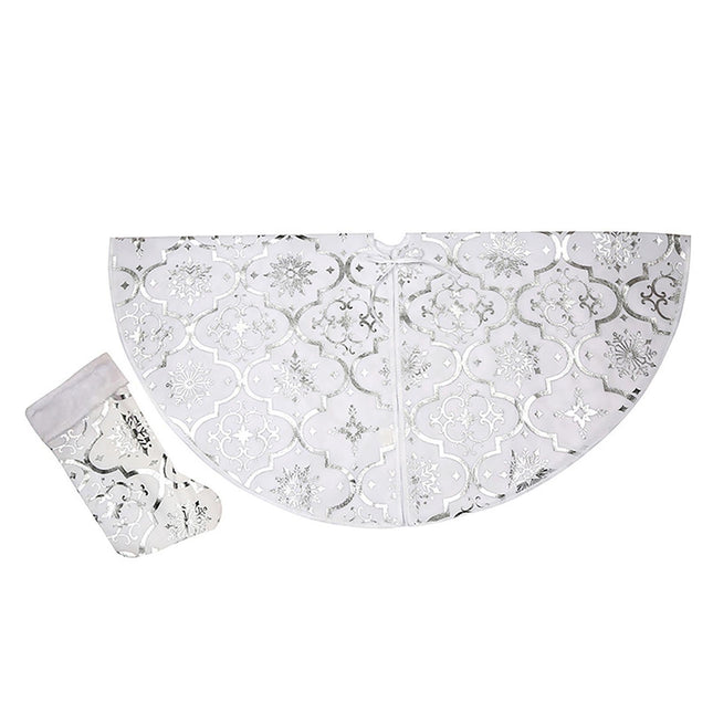 Tree Skirt Polyester Snowflake Pattern Tree Carpet-White.
