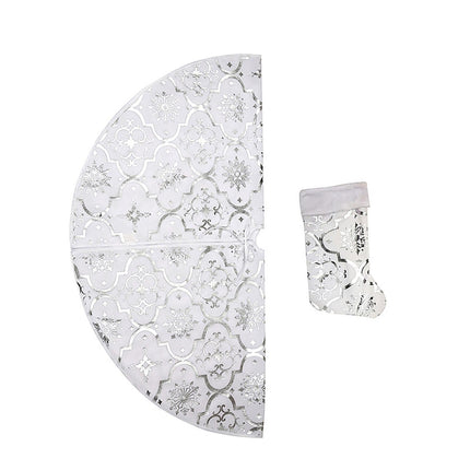 Tree Skirt Polyester Snowflake Pattern Tree Carpet-White.