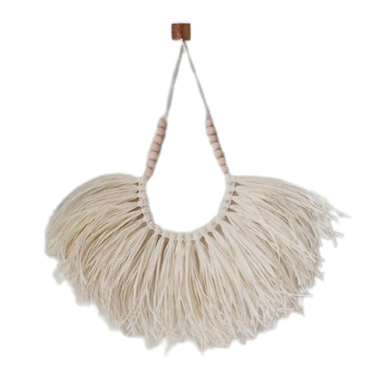 Vintage Handwoven Wall Hanging Wood Beads Elegant Straw Hanging Pendants for Office-Beige.
